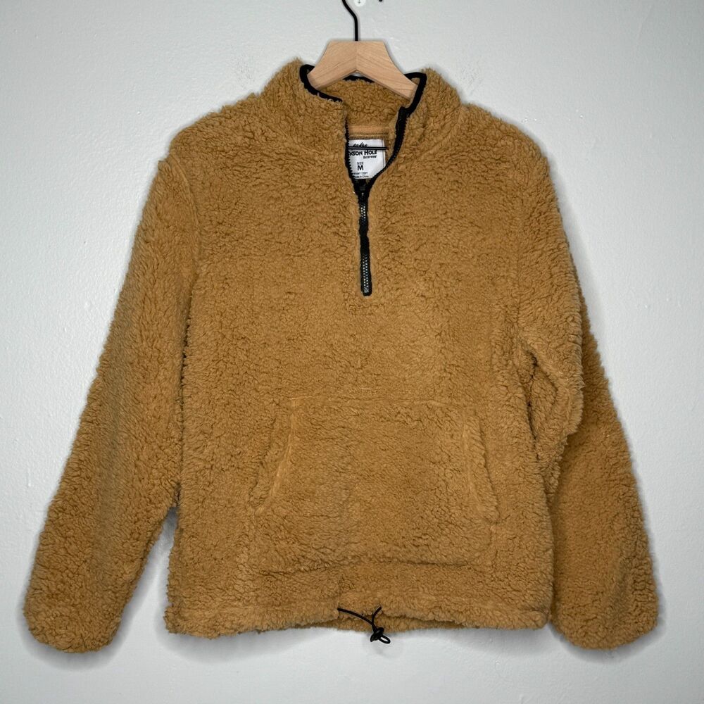 Jackson Hole Womens Sherpa Hoodie Medium Tan Quarter Zip Pullover Cabincore Soft